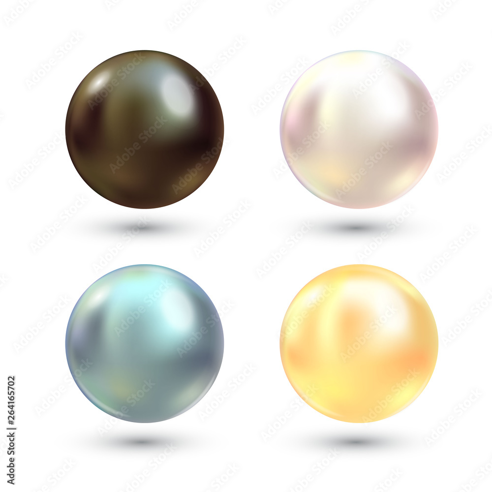 Obraz premium Realistic varicoloured pearls vector set. Precious pearl in sphere form. Pearl is luxury glossy stone illustration