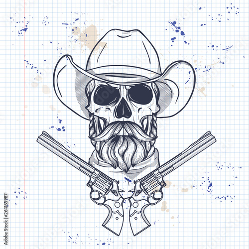 Sketch, skull with cowboy hat, neck scarf, revolver, beard and mustaches on a notebook page