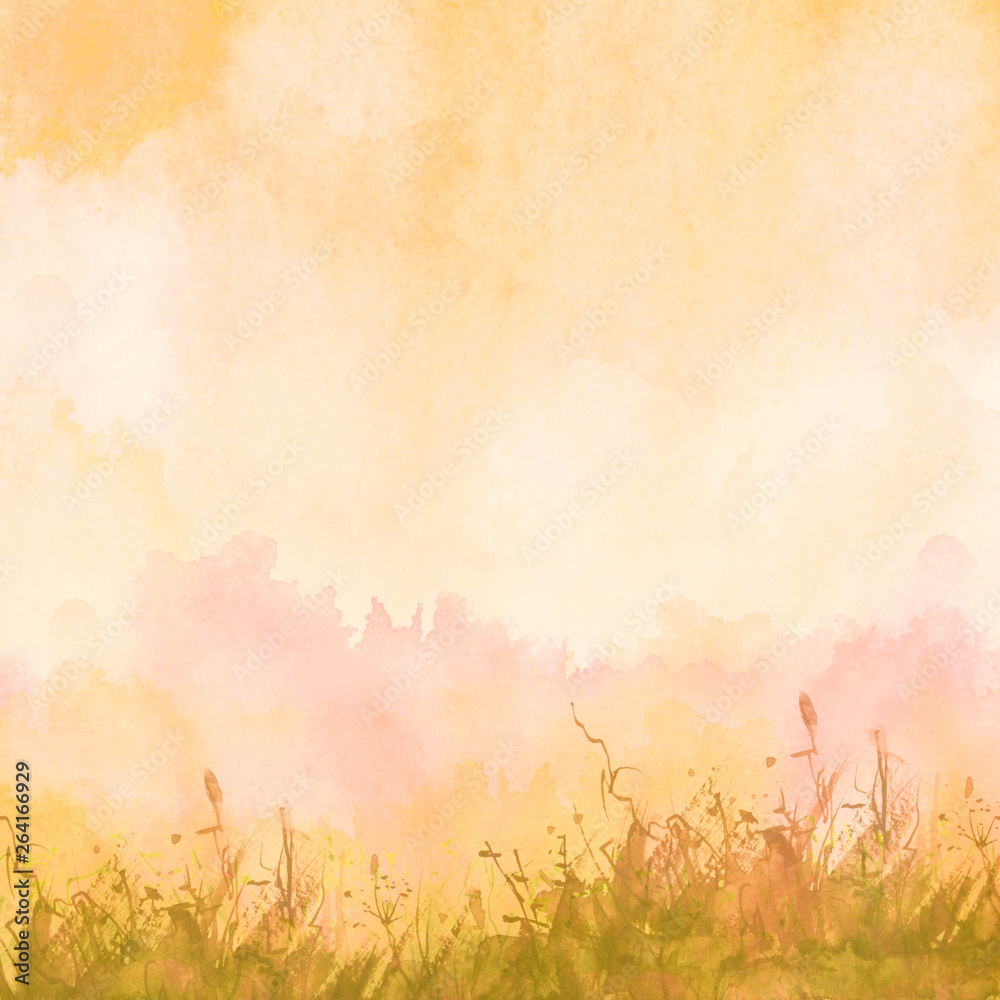 watercolor illustration. Vintage wild grass, flowers, plants, sunset, sky Orange ink, paint. Stylish fashionable card, background, pattern. Grunge background. Country landscape