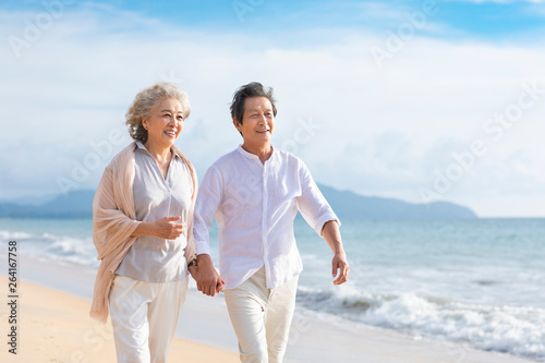 Happy senior couple walking on beach