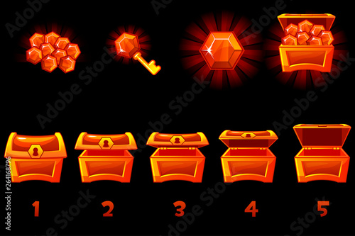 Animated treasure chest with red precious gem. Step by step, full and empty, open and closed box. Vector Icons on separate layers.