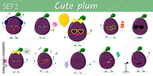 Set of ten cute kawaii ripe plum characters in various poses and accessories in cartoon style. Vector illustration, flat design