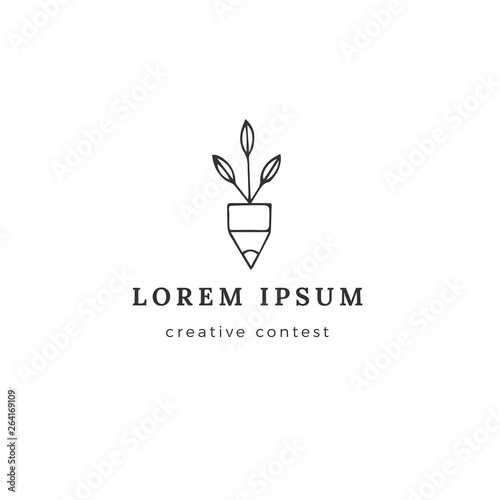 Creative Contest theme. Premade logo template. Pencil tip with green shoots, vector hand drawn icon.