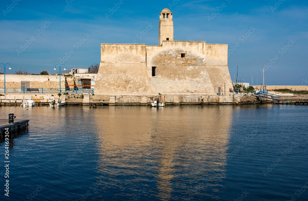 Italy, Marina di Ostuni, view of the port and the castle.