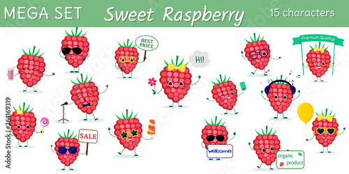 Mega set of fifteen cute kawaii berries raspberries characters in various poses and accessories in cartoon style. Vector illustration, flat design