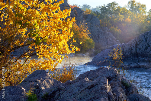 The shore of a mountain river at dawn in the fall in the morning mist