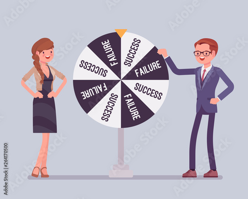 Wheel selecting random changes of failure or success. Conclusion or resolution reached after gambling for luck, human future chosen by chance, possibility for business development. Vector illustration