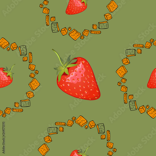 Hand drawn seamless pattern of cookies products and strawberry. Baked goods background.