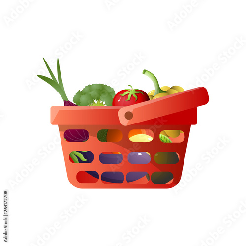 Red shopping basket with fresh vegetables, tomato, onion