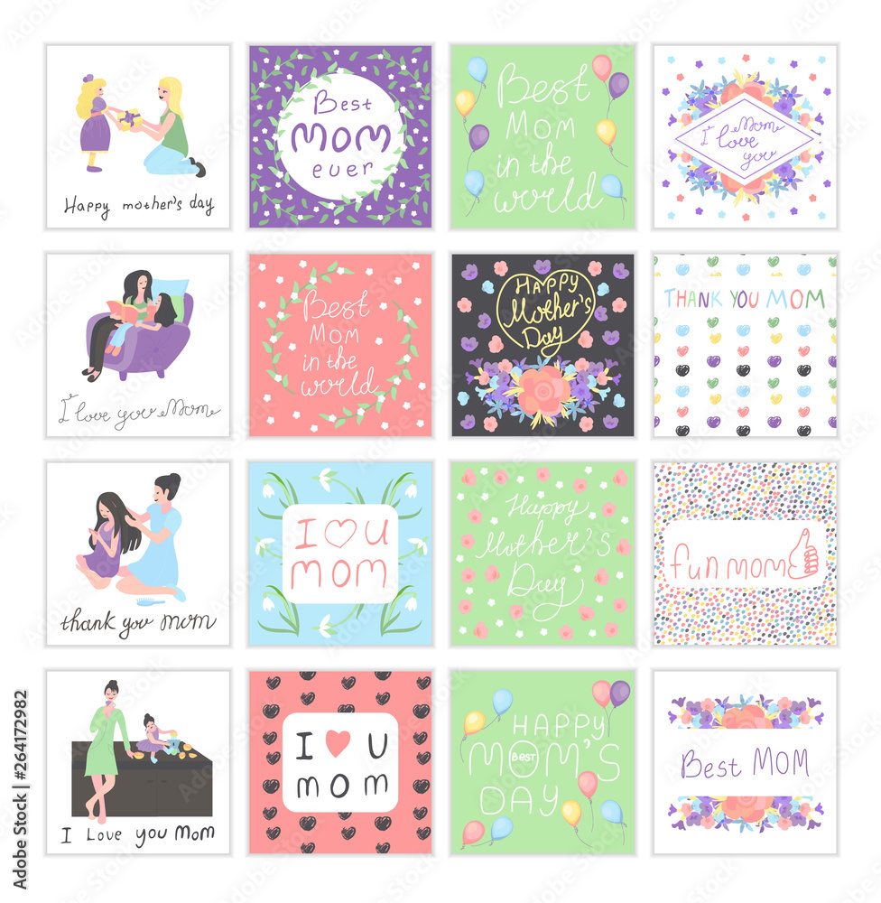 big set with Scenes with mother and daughter, pattern with hearts and flowers for mother s day design template.Multicolor mother day set with inscriptions,Woman And Child.