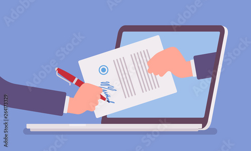 Electronic signature on laptop. Business Esignature technology, digital form attached to electronically transmitted document, verification of intent to sign agreement, legal deal. Vector illustration