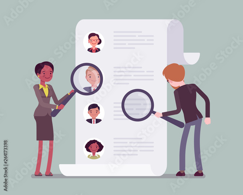 Headhunters searching for employee. Male and female workers of recruiting service with magnifying glass looking for best candidate cv, recruitment agency trying to find new talent. Vector illustration
