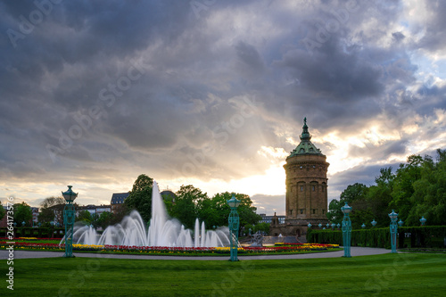 public park with water tower and fountain in Mannheim