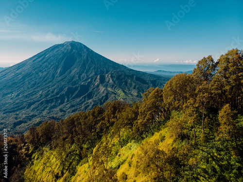 Aerial view of Agung volcano with forest in Bali