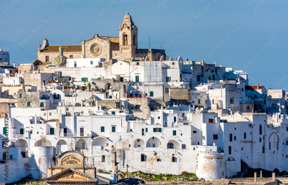 Italy, Ostuni, view of the historic center located on a hill.