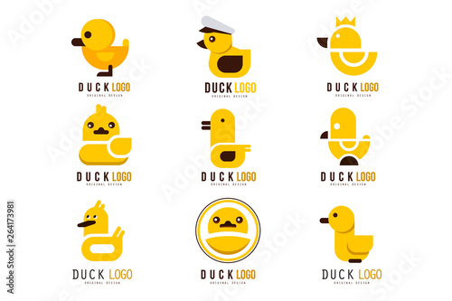 Duck logo set, design elements with yellow toy rubber duck for your own design vector Illustrations on a white background