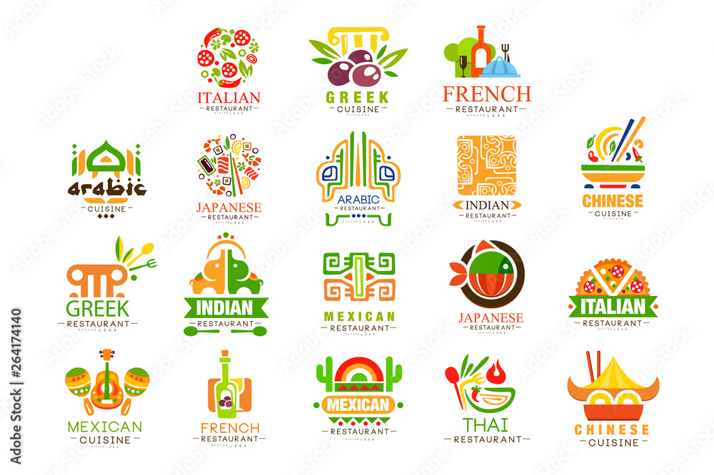Continental cuisine logo design set, Italian, Greek, French, Japanese, Mexican authentic traditional continental food labels vector Illustrations