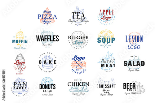 Food logo design set, muffin, waffles, burger, cake, hotdog, pancakes, donut, chiken, ice crem emblems for cafe, restaurant, cooking business, food shop, brand identity vector Illustrations