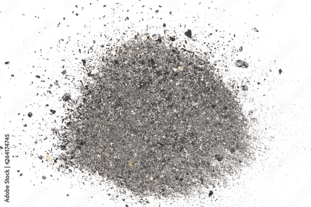 Ash, dust isolated on white background, texture top view