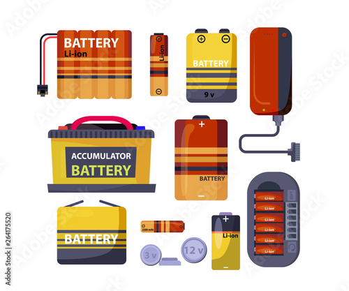 Battery and accumulator set. Collection of energy generation equipment. Can be used for topics like power, industry, lithium