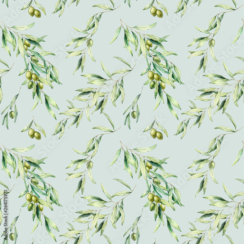 Watercolor seamless pattern with olive tree branch, leaves and green olives. Hand painted botanical illustration isolated on pastel blue background for design, print, fabric or background.