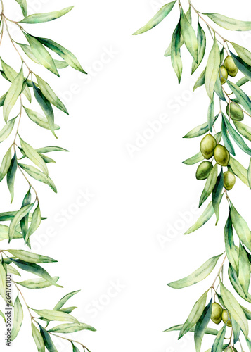 фотографія Watercolor card with olive tree branch, leaves and green olives