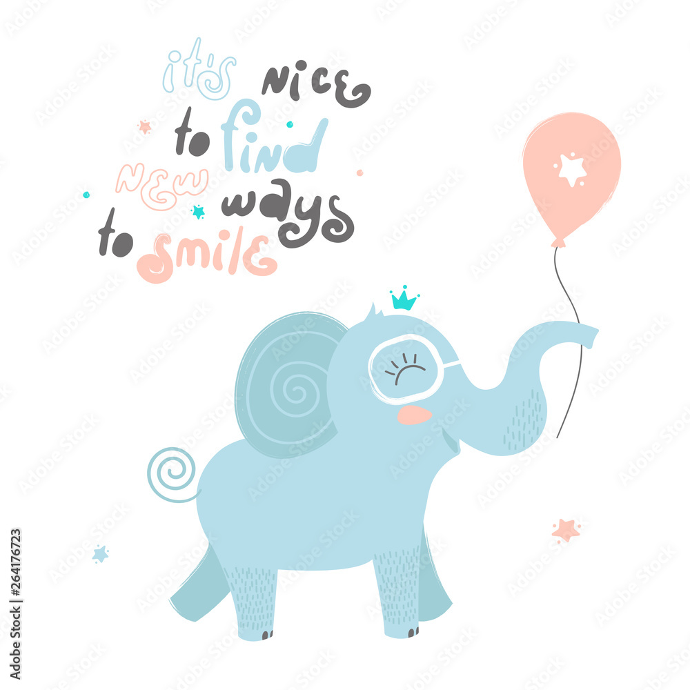 Fototapeta premium Color hand drawn vector character. Happy and smile elephant with lettering
