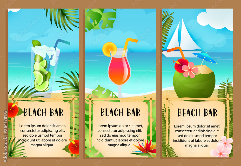 Beach Bar letterings set with sea and exotic cocktails. Tourism, summer, party advertising design. Typed text, calligraphy. For leaflets, brochures, invitations, posters or banners.