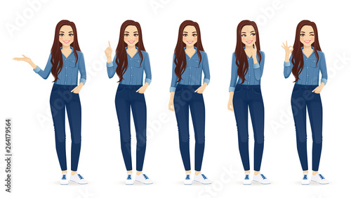 Young woman with long hair in casual denim shirt and jeans set different gestures isolated vector iilustration