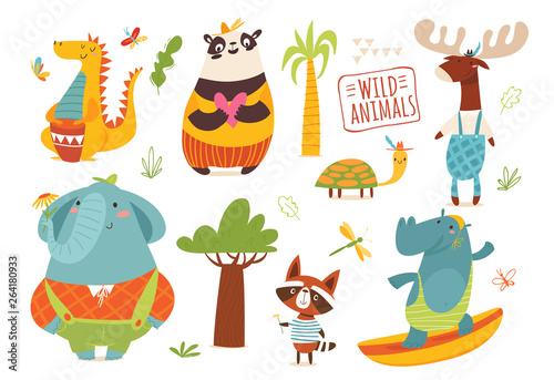 Big set of funny cartoon wild animals. 