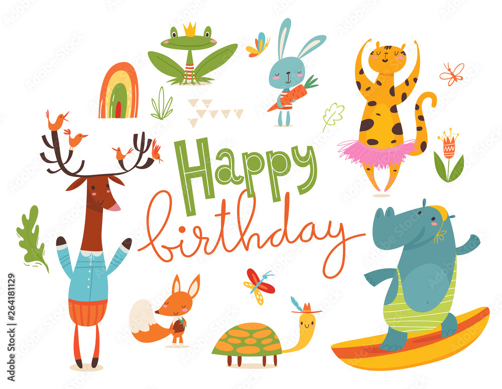 Naklejka premium Happy birthday card or poster with happy wild animals. 