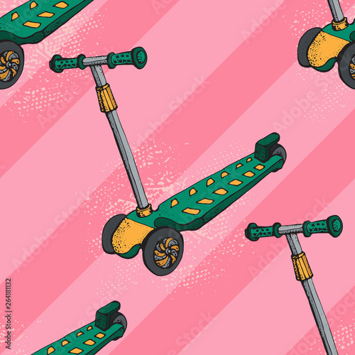 Cute little scooter for kids seamless pattern. Three-wheeled veh
