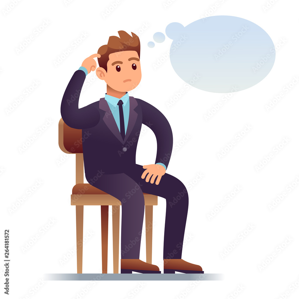 Thinking man. Scratching businessman sitting on chair with empty thinking bubble. Worried man in doubt vector illustration. Male think sit on chair isolated Thinking man. Scratching businessman sitting on chair with empty thinking bubble. Worried man in doubt vector illustration. Male think sit on chair isolated