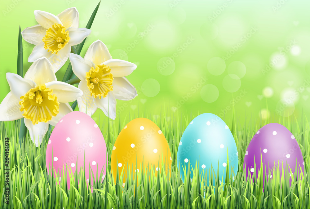 Easter colorful eggs on green grass background Vector realistic. Spring holiday banner. 3d detailed poster templates