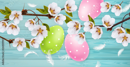 Cherry blossom and Easter colorful eggs Vector realistic. Spring holiday bann...