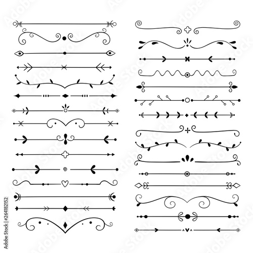 Ornament dividers. Text line vintage design element, wedding decoration separators. Retro drawn book ornamental divider vector set. Illustration of border vintage ornament book