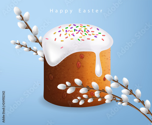 Easter Traditional sweet bread Vector realistic. Willow branches. Holiday cards