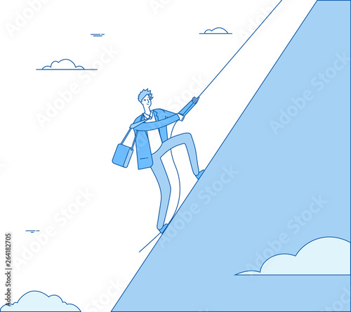 Businessman climbing mountain. Leader with rope climbs on peak. Finance profit, successful man leadership business vector concept. Leader of businessman, climbing up to achievement illustration
