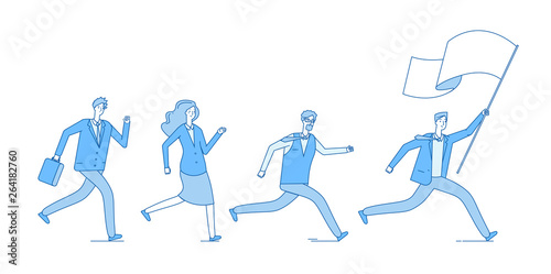 People running with flag. Business persons following leader leading office team. Leadership entrepreneurship vector concept. Illustration of teamwork people running with flag