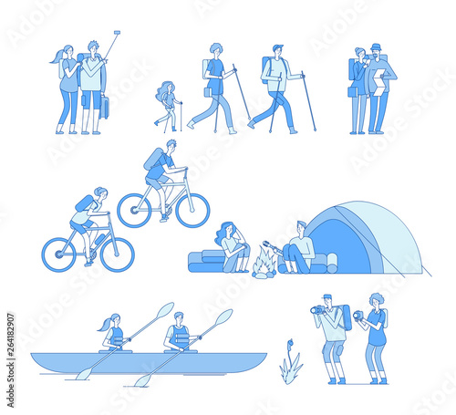 Hikers characters. Friends campfire travel tourist group hiking riding bike boat rafting trekking family explore nature line vector. Illustration of hiking and kayaking, traveler recreation