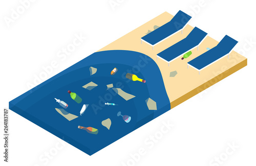 Garbage in the sea and on the beach, ocean pollution isometric vector concept. Illustration of pollution garbage sea and ocean, trash in environment