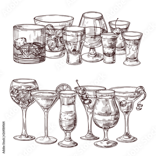 Set of sketched alcoholic drinks vector illustration. Liquid beverage, tequila and martini
