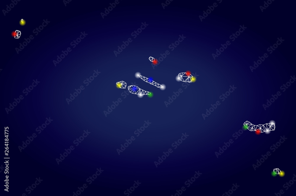 Bright mesh vector Azores Islands map with glare light spots. Carcass model for political posters. Abstract lines, dots, flash spots are organized into Azores Islands map.