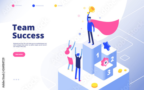 Business achievement isometric concept. Best businessman award recognition employee competition winner team goal vector background. Recognition winner, prize award team illustration