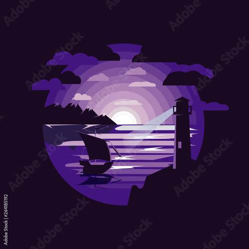 silhouette sailboat and lighthouse in night sea illustration . Landscape with sea and mountains