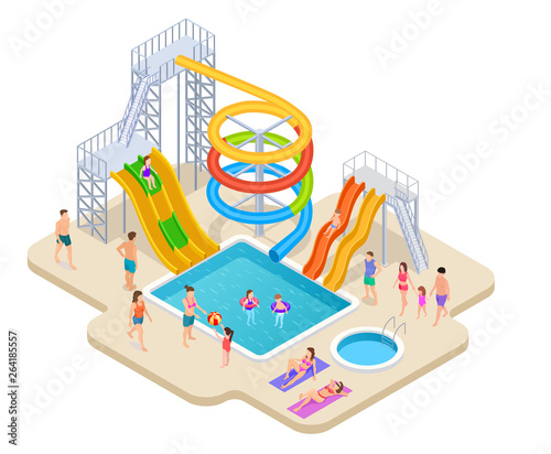 Water park isometric. Aquapark kids slide waterslide aqua recreation summer activities swimming pool leisure game waterpark vector. Illustration of aquapark slide, waterslide and waterpark