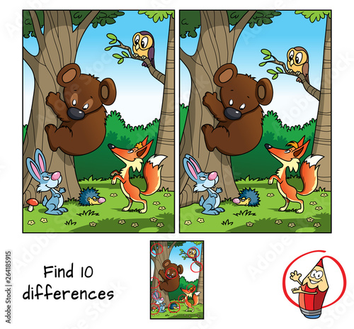 Fototapeta Naklejka Na Ścianę i Meble -  Animals in the forest. Teddy bear, fox, hare, hedgehog and owl. Find 10 differences. Educational matching game for children. Cartoon vector illustration