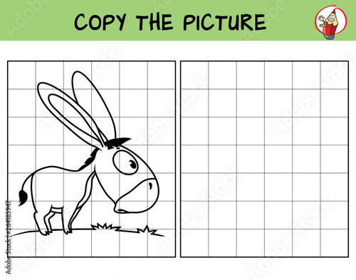 Funny little donkey. Copy the picture. Coloring book. Educational game for children. Cartoon vector illustration