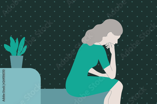 Sad, pensive woman vector illustration.