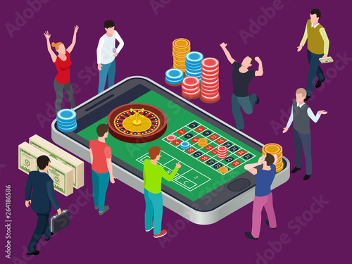 Online roulette table and people. Casino isometric vector concept. Illustration of people play in casino, gambling play roulette